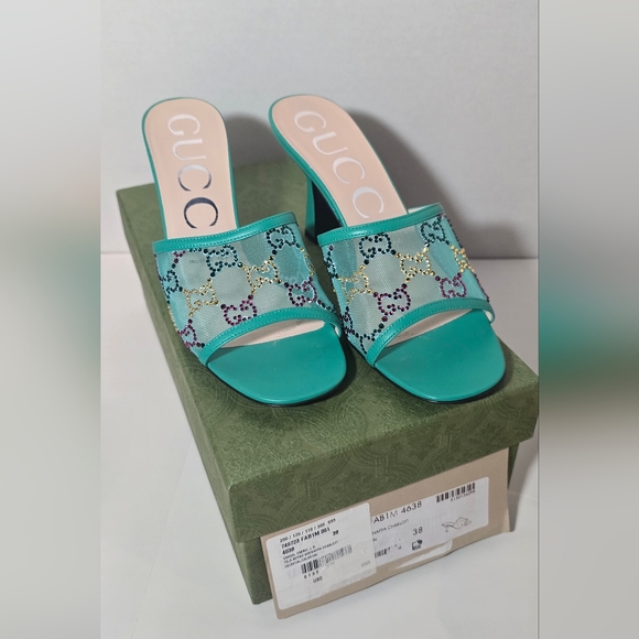 Gucci Tela Retino Nappa Crystal GG Monogram Slide Sandals Turquoise - Picture 1 of 7